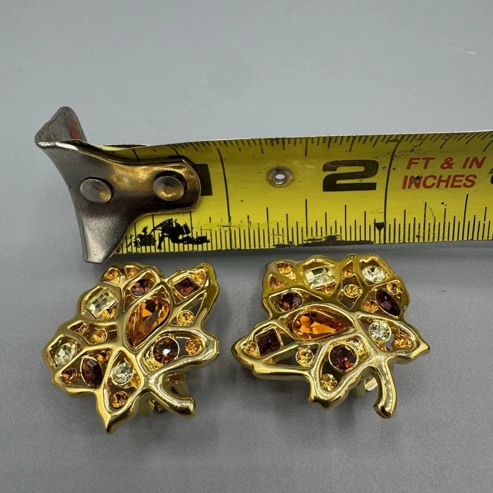 Vintage Nolan Miller Gold Tone Autumn Leaf Rhinestone Clip On Earrings